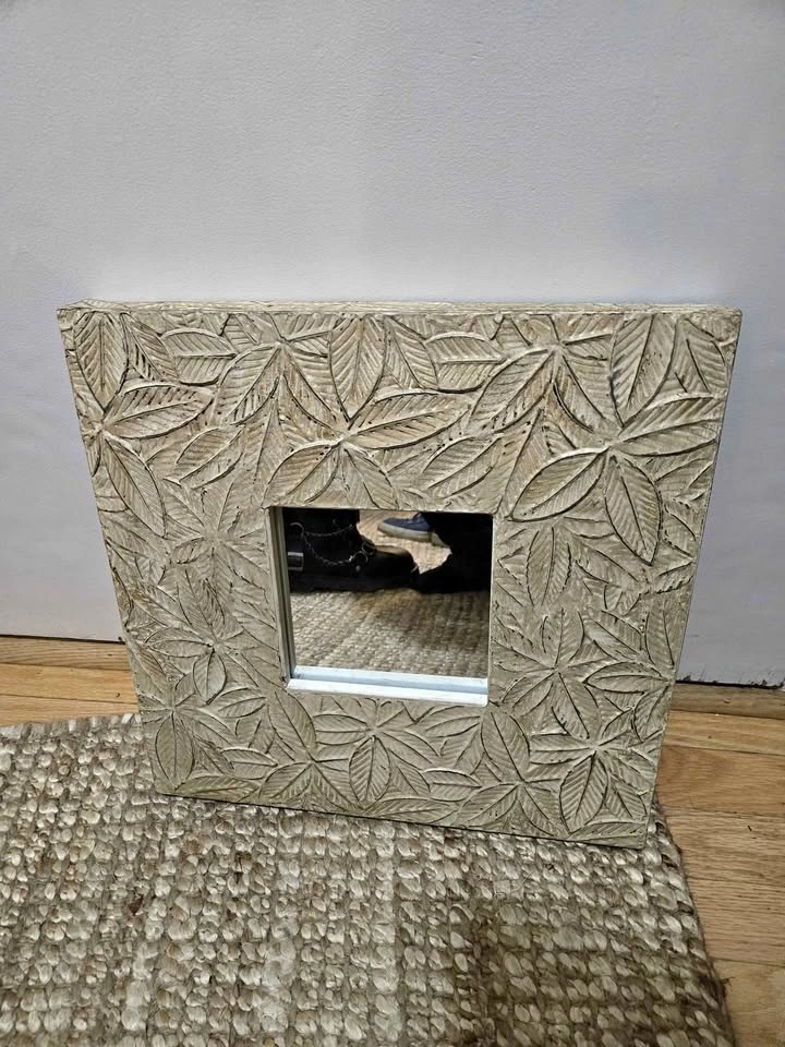 16"x16" Embossed Leaf Decorative Wall Mirror (Distressed White M