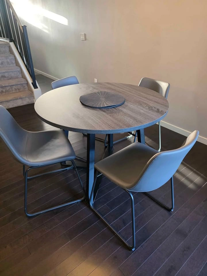 Round Wood Grain Dining Table with 4 Grey Chairs - photo 2