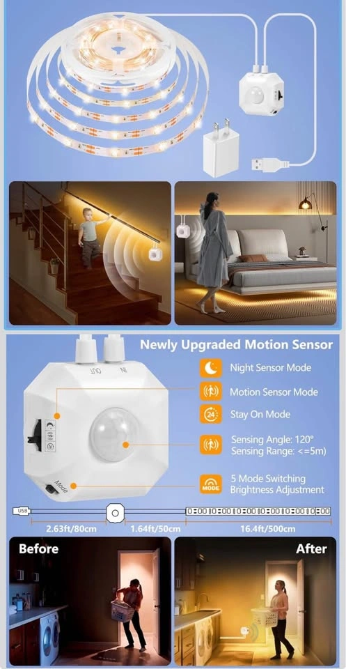 16.4Ft Motion Sensor LED Strip Light - Dimmable & USB Powered - photo 5