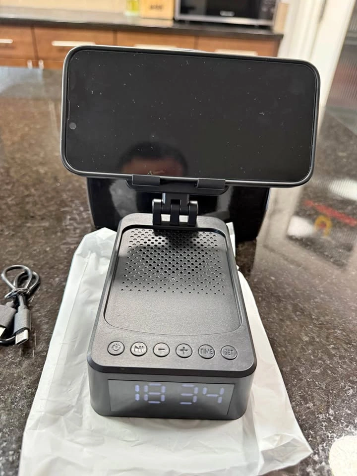 4-in-1 Cell Phone & Tablet Stand with Bluetooth Speaker & Clock