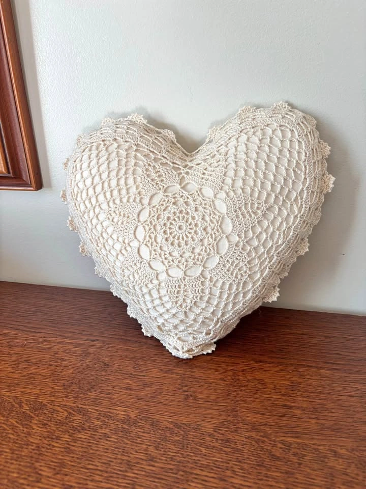Handmade Cream Crochet Lace Heart Accent Pillow 11 Inch