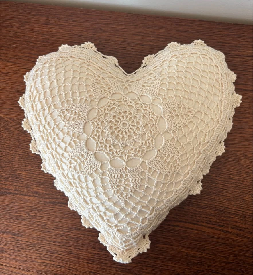 Handmade Cream Crochet Lace Heart Accent Pillow 11 Inch - photo 2