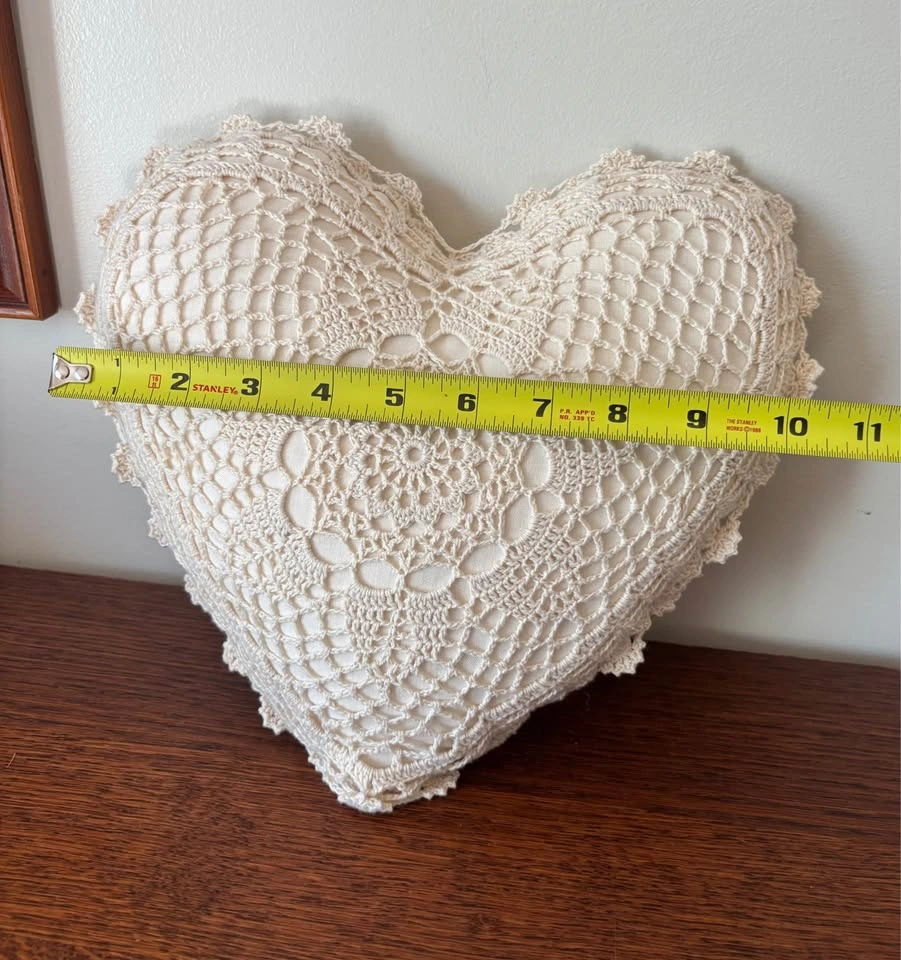 Handmade Cream Crochet Lace Heart Accent Pillow 11 Inch - photo 5