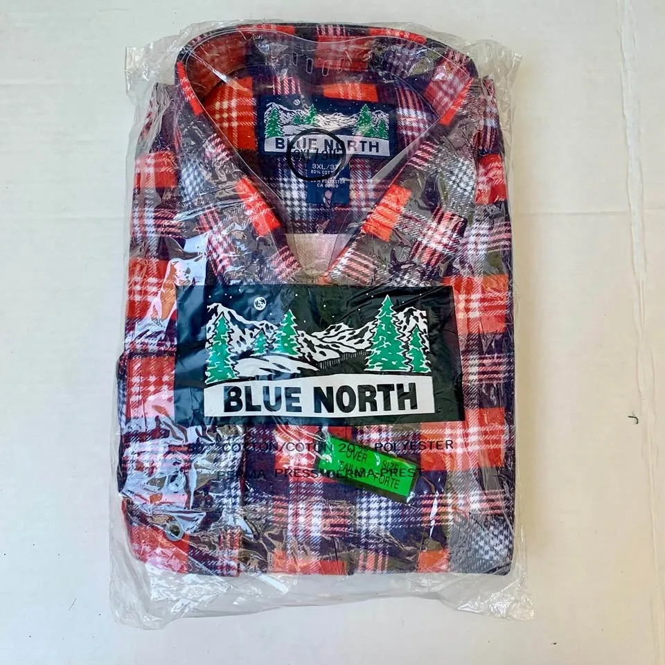 New Old Stock Blue North Men's Plaid Flannel Shirt 3XL NIP