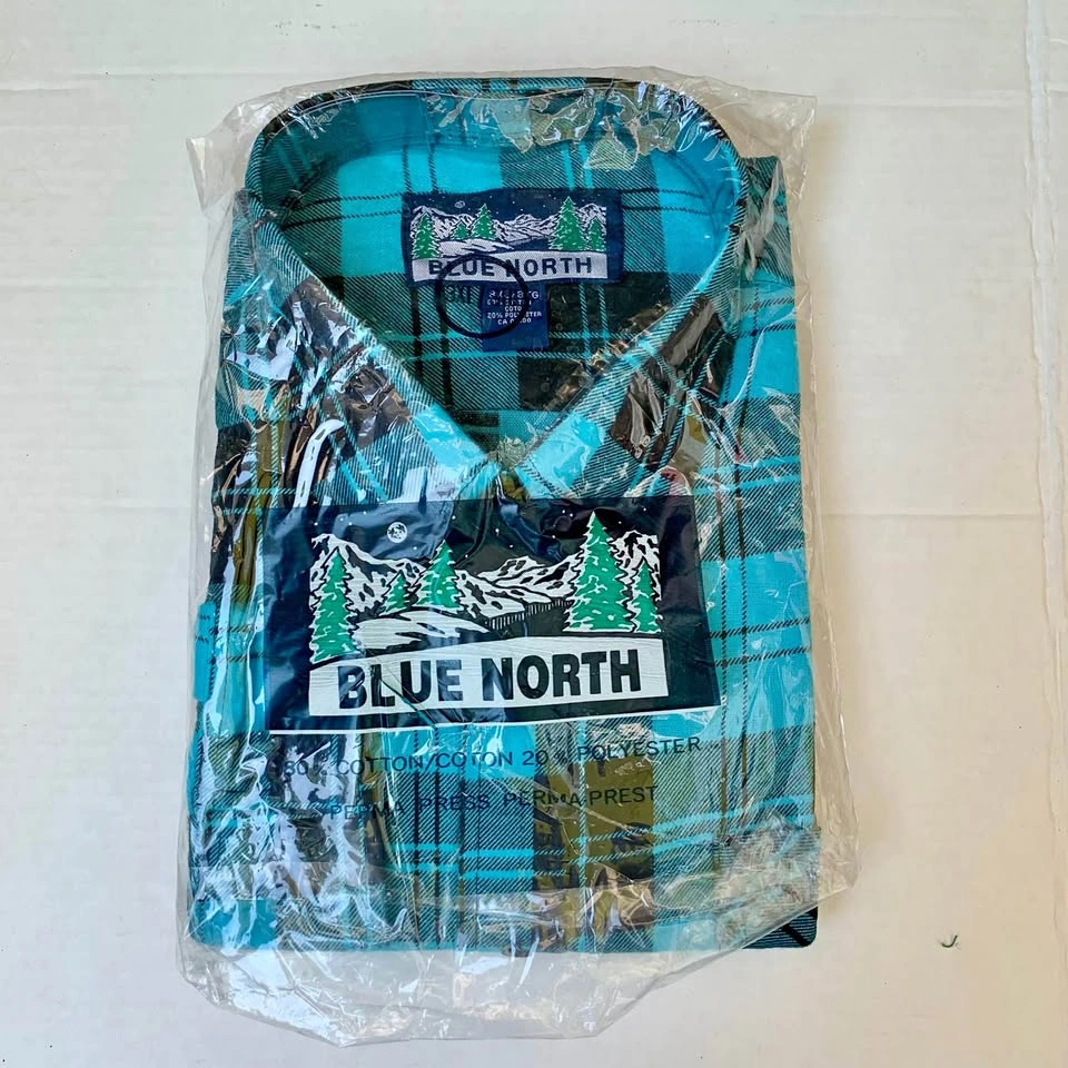 New Old Stock Blue North Men's Plaid Flannel Shirt Teal Black 3X