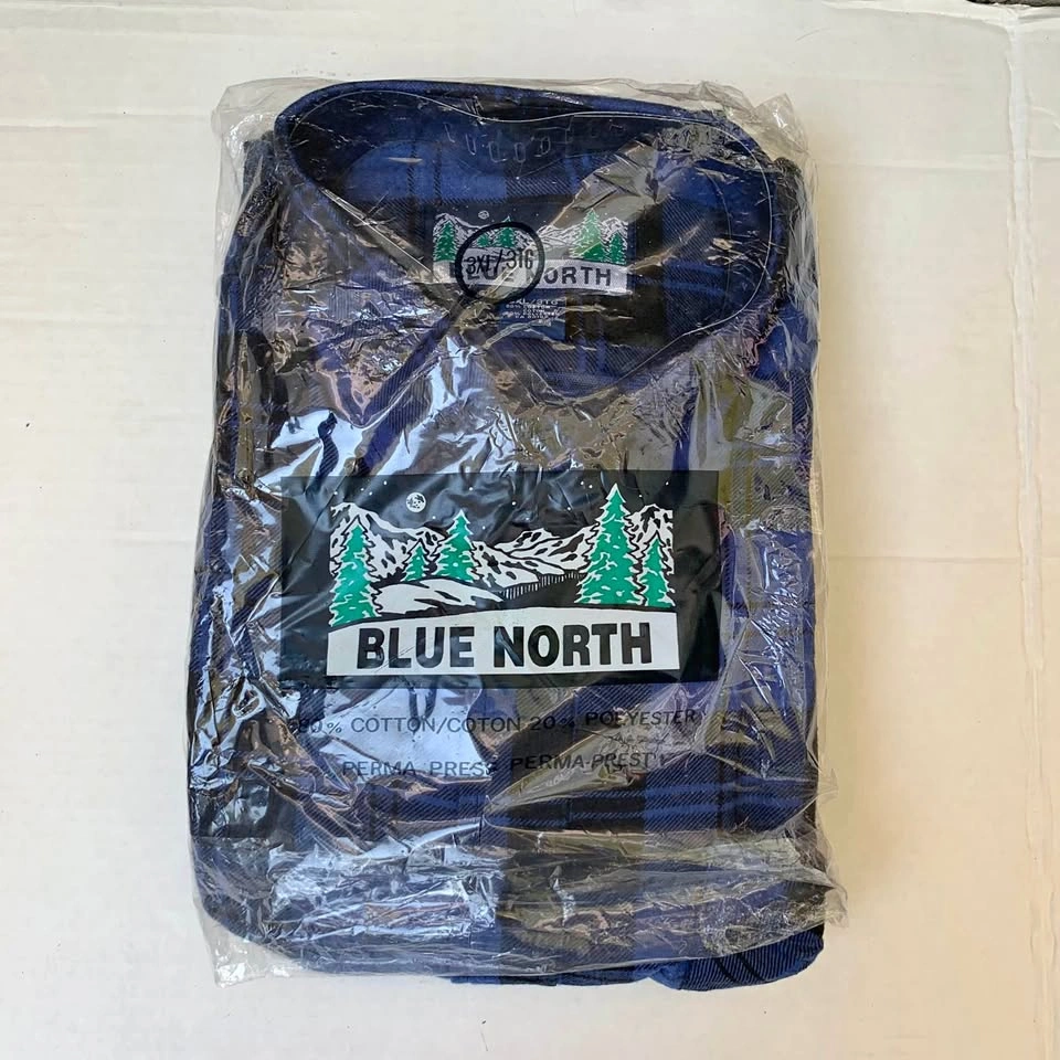 New Old Stock Blue North Men's Plaid Flannel Shirt Blue Black 3X