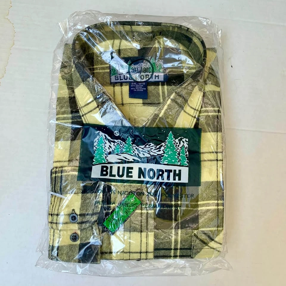 New Old Stock Blue North Men's Plaid Flannel Shirt Yellow Black