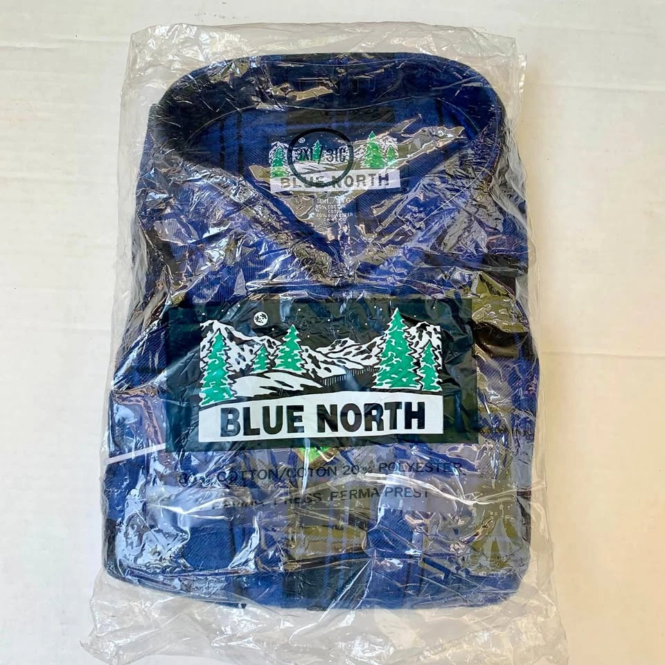 New Old Stock Blue North Men's Plaid Flannel Shirt 3XL NIP