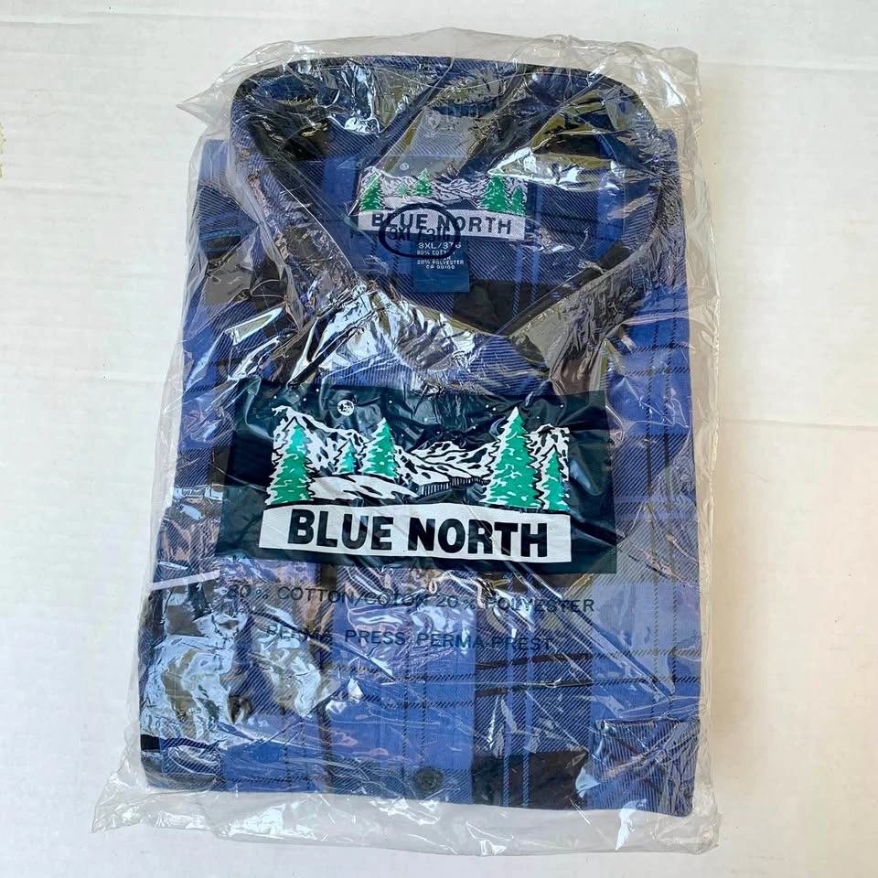 New Old Stock Blue North Men's Plaid Flannel Shirt Blue Black 3X
