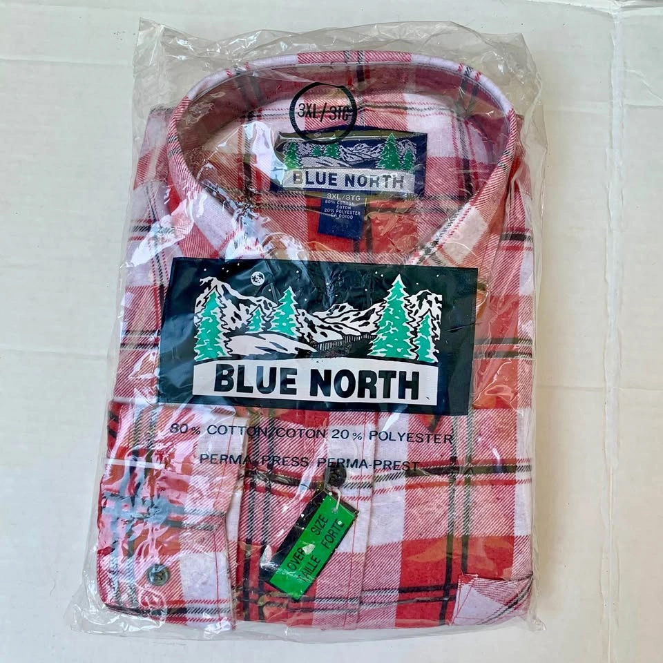New Old Stock Blue North Men's Plaid Flannel Shirt Red White Bla