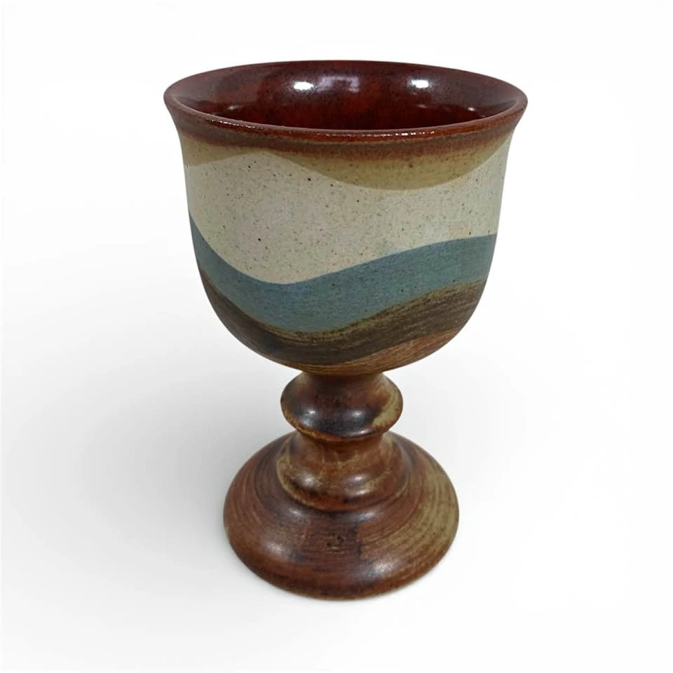 Vintage Otagiri Handmade Pottery Wine Goblet Natural Blue Brown