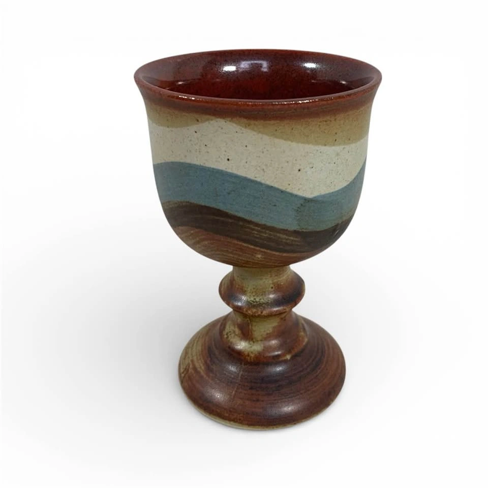 Vintage Otagiri Handmade Pottery Wine Goblet Natural Blue Brown - photo 2
