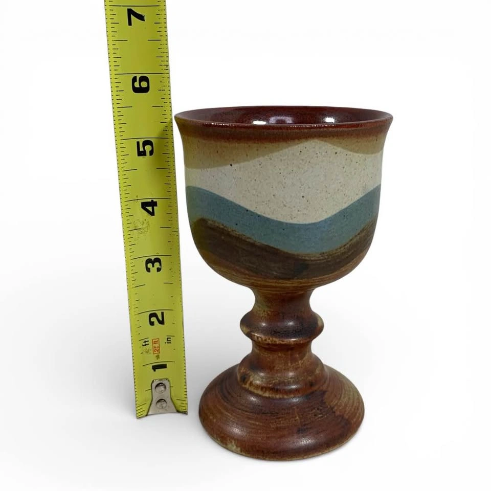 Vintage Otagiri Handmade Pottery Wine Goblet Natural Blue Brown - photo 4