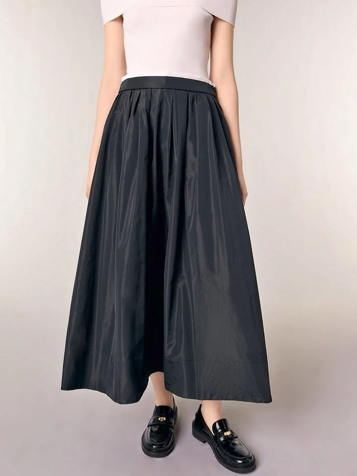 NWT Maje Juralu Black Full A-Line Pleated Midi Skirt Size 40