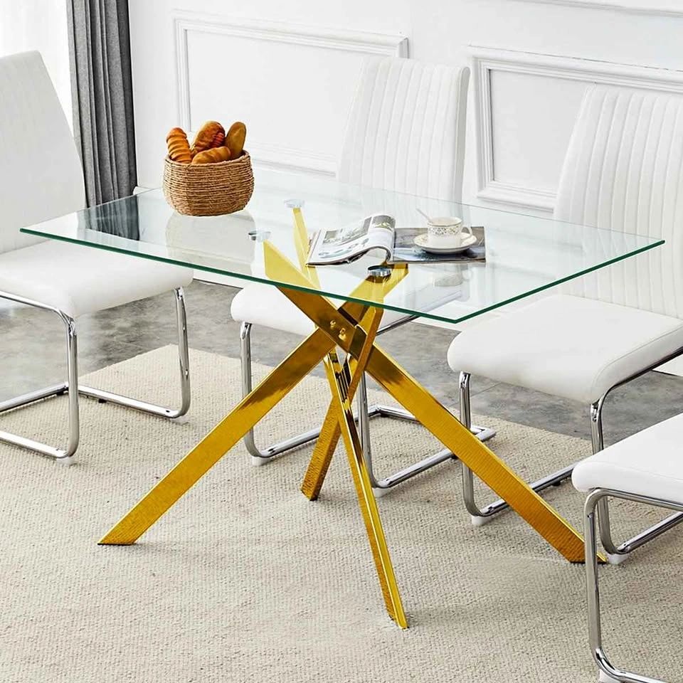 Modern Rectangular Dining Table (Tempered Glass, Gold Metal)