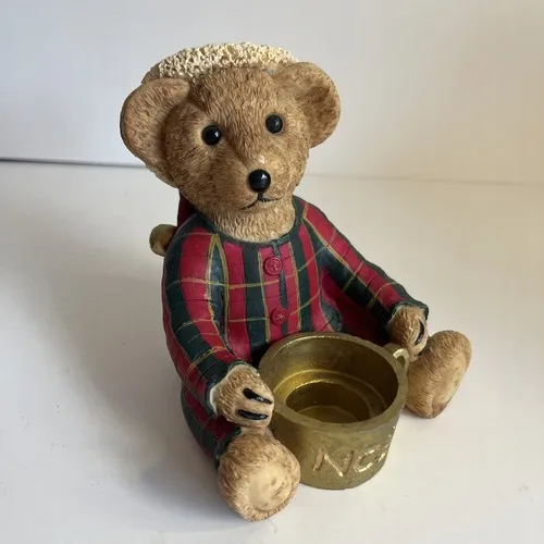 Christmas Bear Figurine in pyjamas and cap Tea light holder