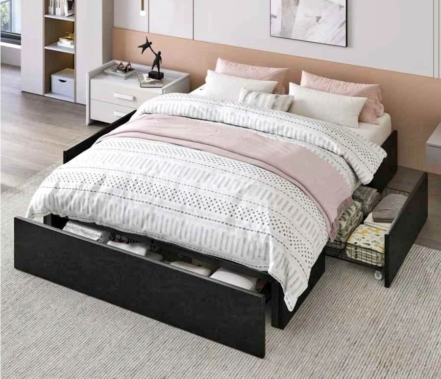 Black Faux Leather Full Size Platform Bed Frame with 3 Drawers