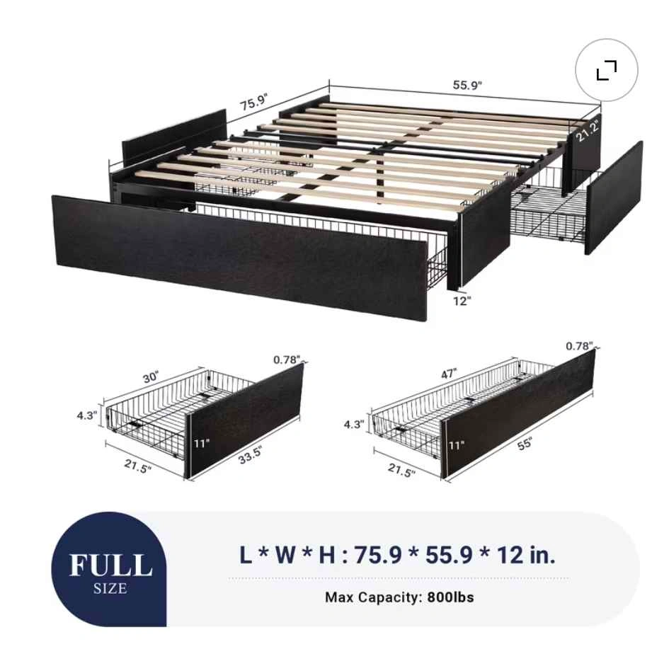 Black Faux Leather Full Size Platform Bed Frame with 3 Drawers - photo 2