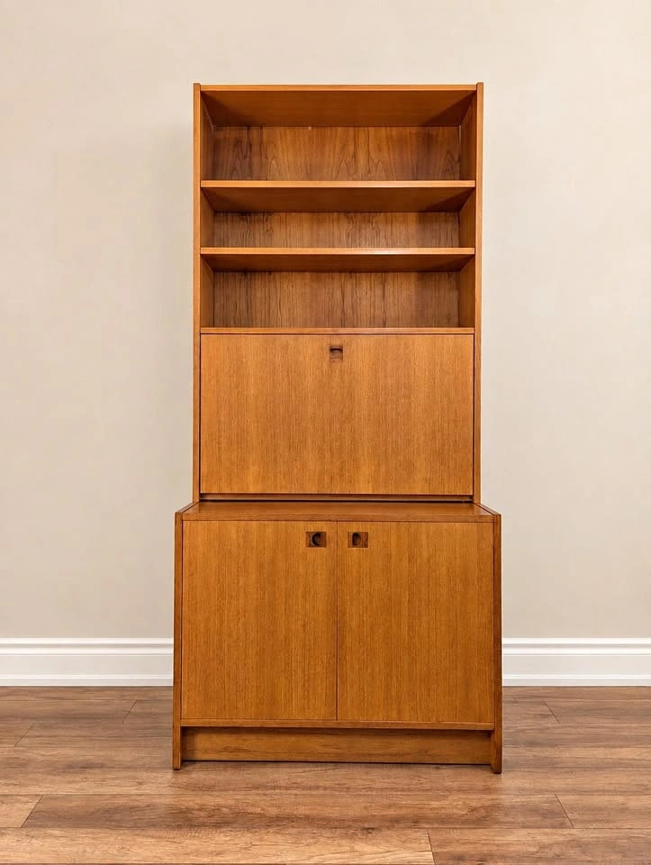 Vintage MCM Teak Secretary Desk & Bar Wall Unit