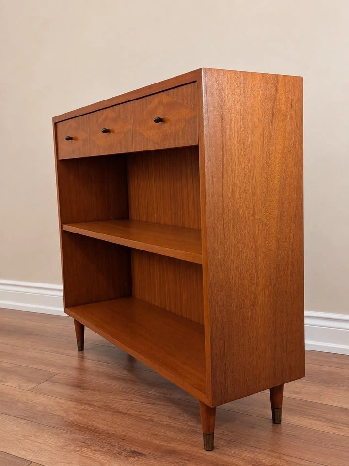 LANE Vintage MCM Walnut Bookcase Console Shelf with Drawer - photo 2