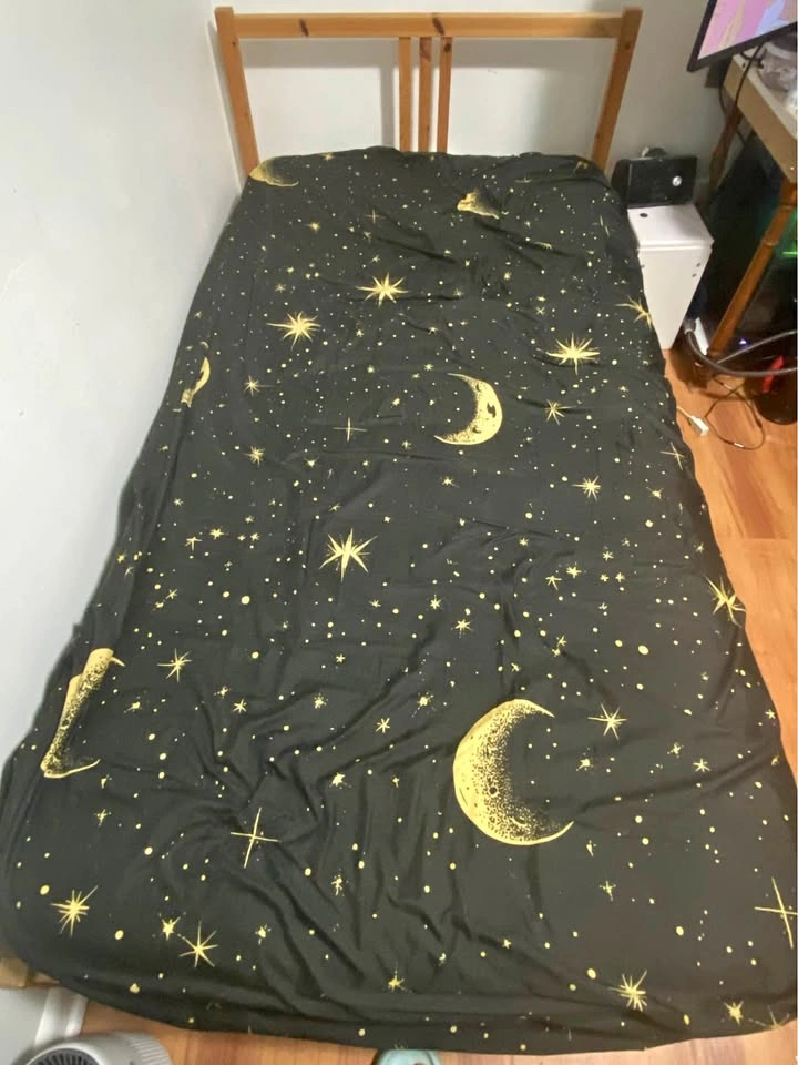 IKEA NEIDEN Twin Bed Frame with Mattress and Bedding