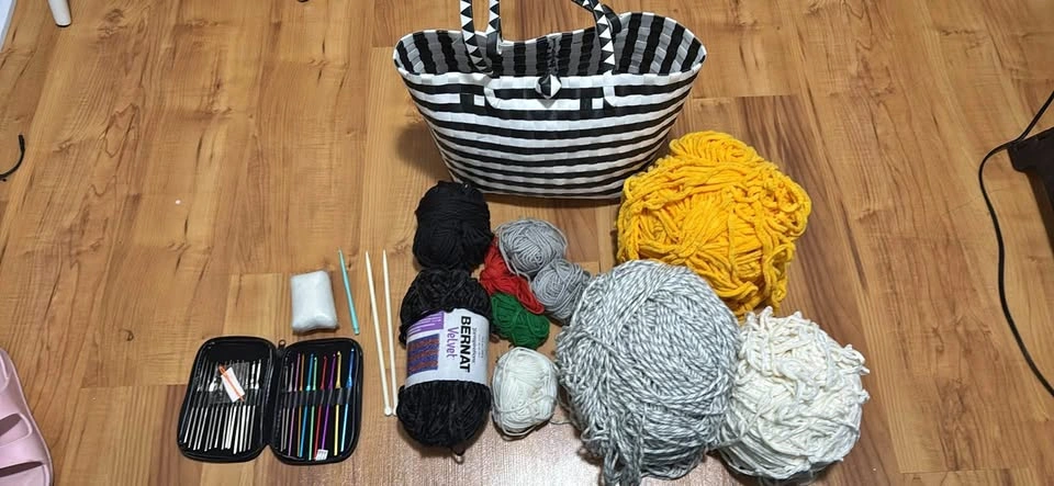Bernat Velvet Yarn, Crochet Hook Set, and Striped Tote Bag Bundl
