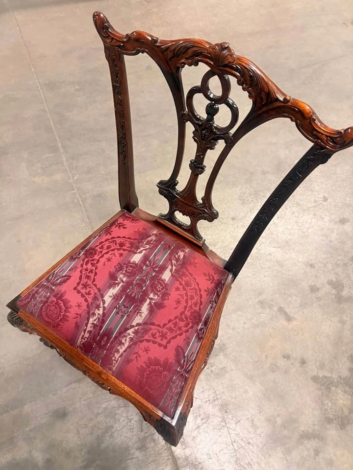 Pair of Antique Print & Hand-Carved Chippendale Chairs