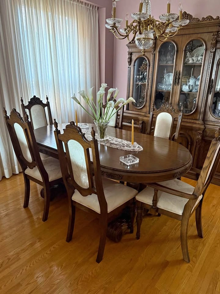 Complete Vintage Oak Dining Room Set – China Cabinet, Table + 6
