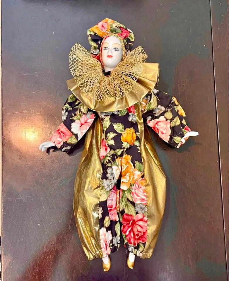 Vintage 17 inch Mardi Gras Floral Gold Porcelain Jester Doll