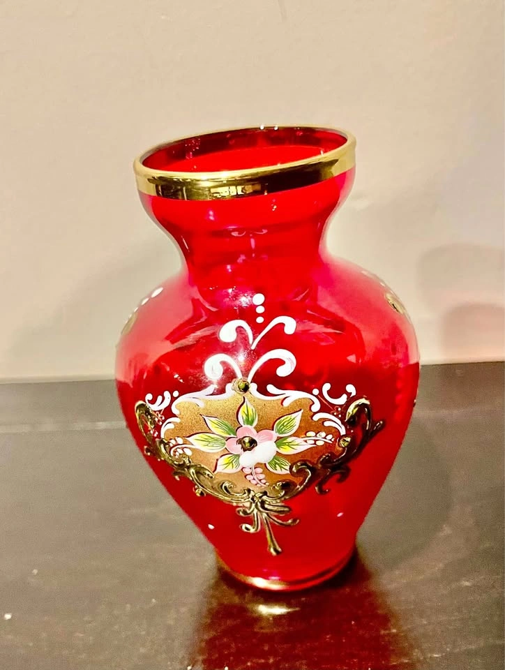 Venetian Glass 3.5” Small Vase Vintage Hand Painted Murano