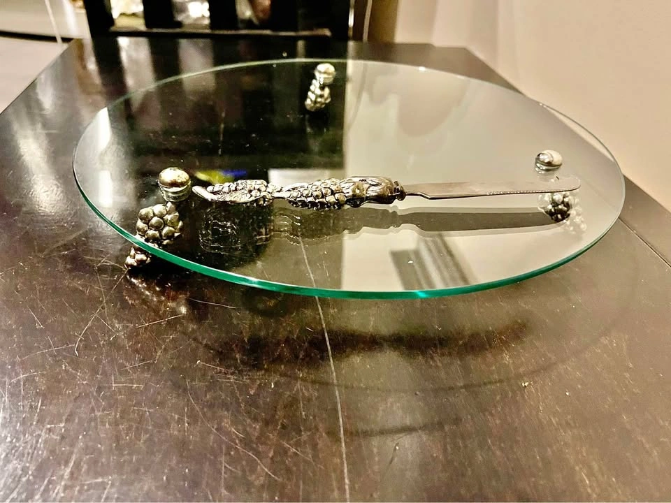 Vintage Silver Plated 3-Footed Grape Motif Glass Cake Stand