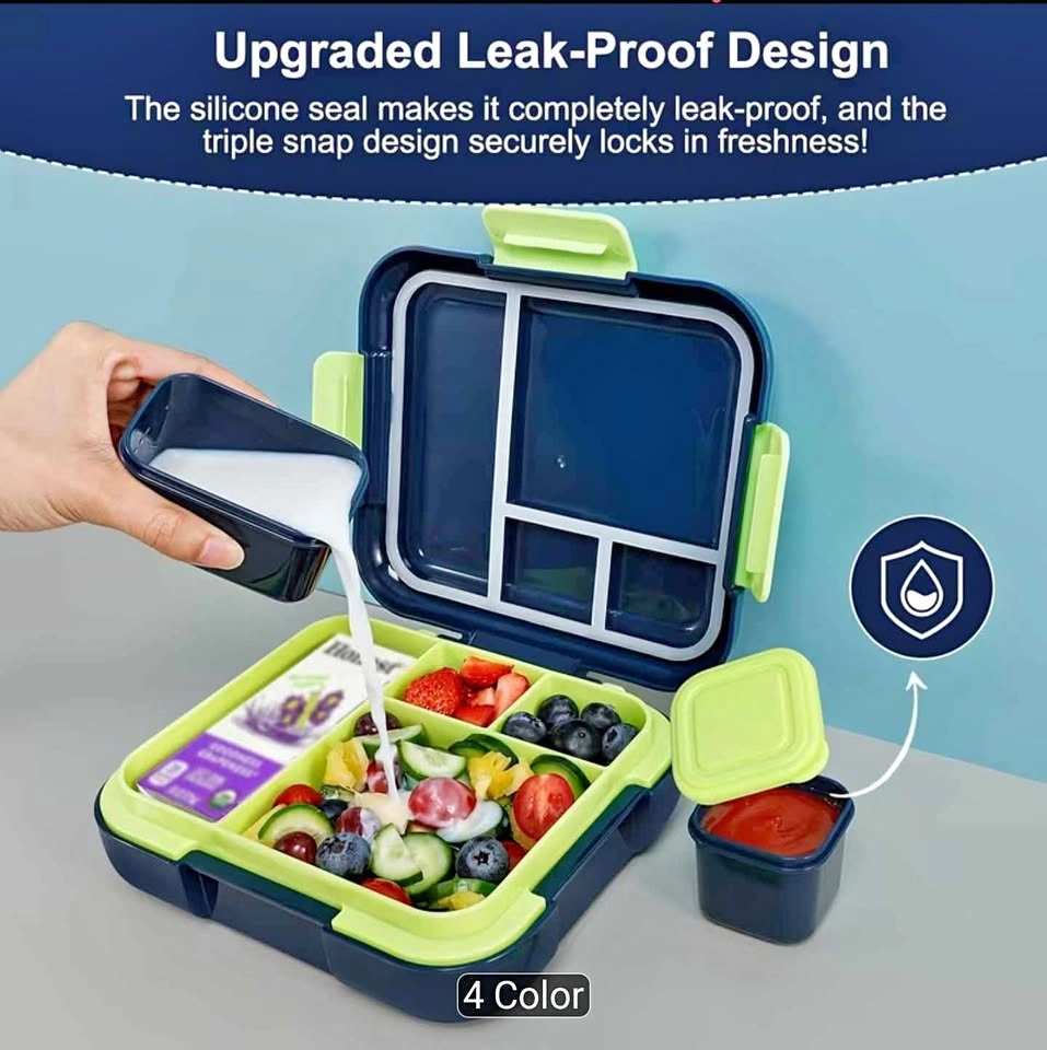 Lunch Box, Leak-Proof, 4 Compartments, 2 Sauce Cups & Handle