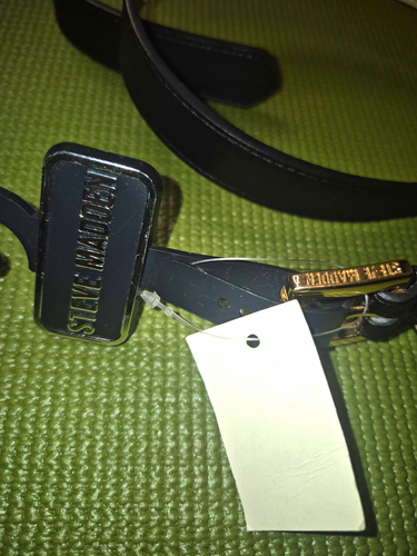 Steve Madden Women’s Black Skinny Logo Belt Gold Buckle