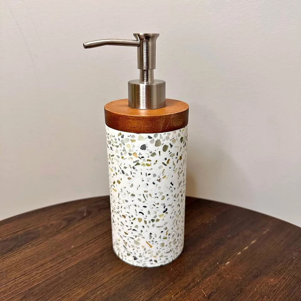 Green and White Ceramic and Wood Soap Dispenser
