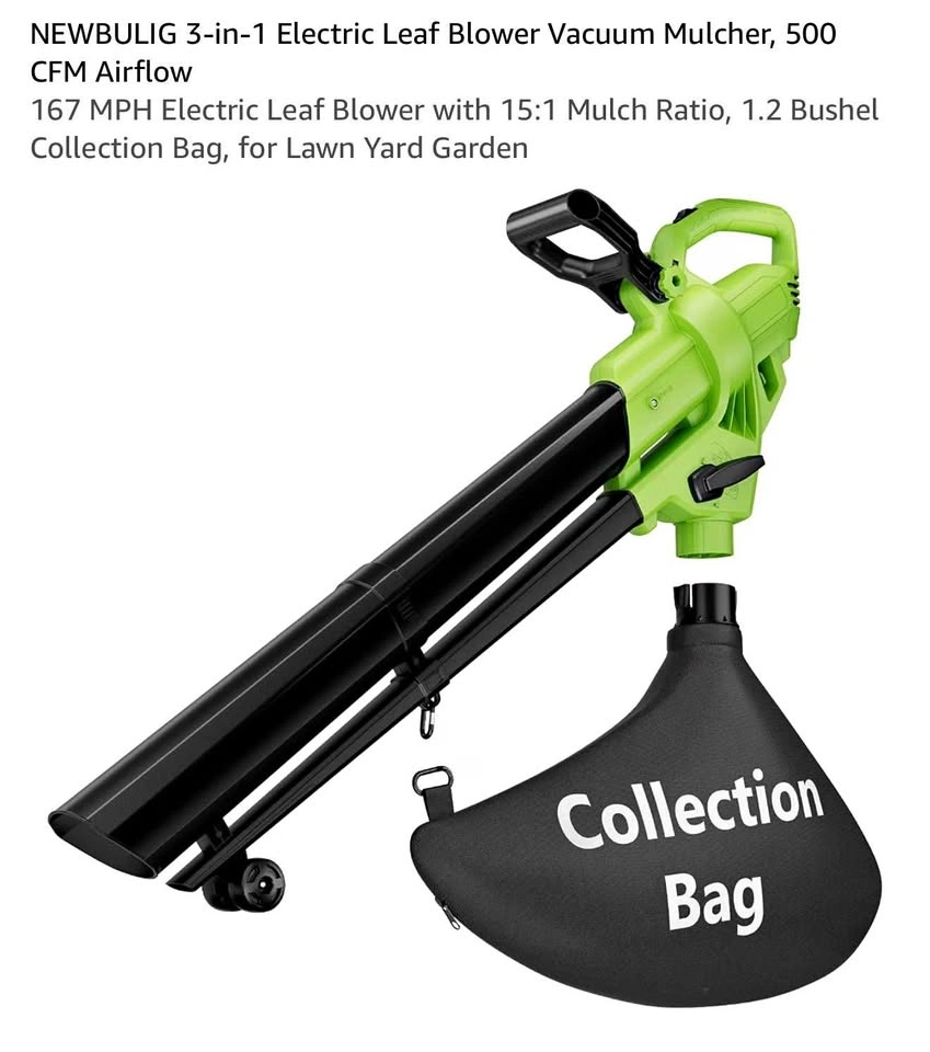 3-in-1 Electric Leaf Blower Vacuum Mulcher, 500 CFM Airflow