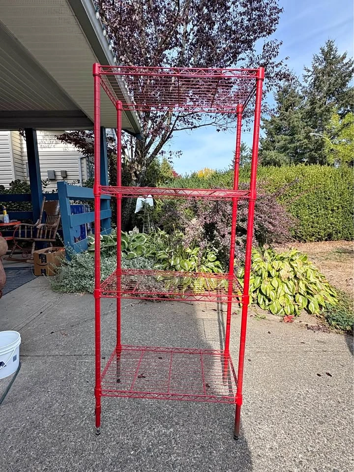 Red metal shelving
