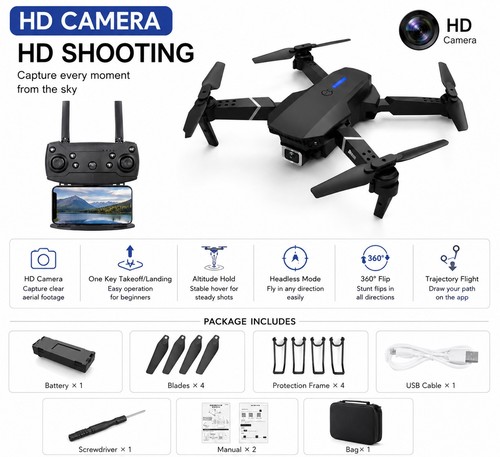 E88 Drone With HD Camera for Adults Beginners Kids, Foldable