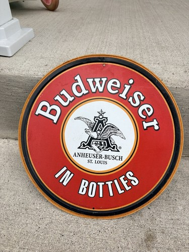 Budweiser Beer Bottles Round Metal Tin Sign 12” Vintage