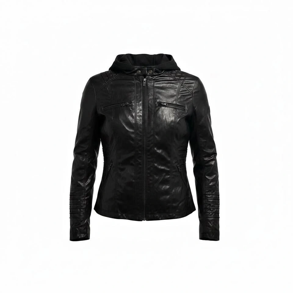 Women's Faux Leather Jacket with Hood – Size M – Brand New