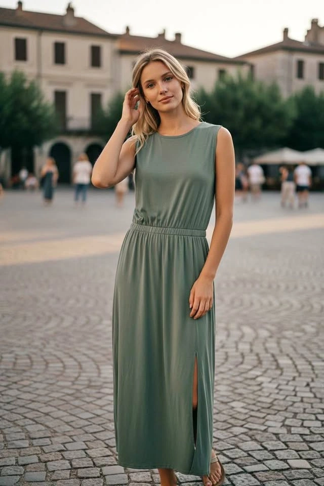 Green Sleeveless Dress Side Split – Size 2XL – Brand New