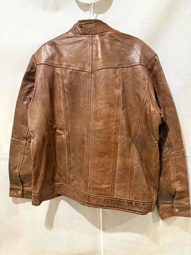 Men's Brown Leather Biker Jacket Zip Front Band Collar L