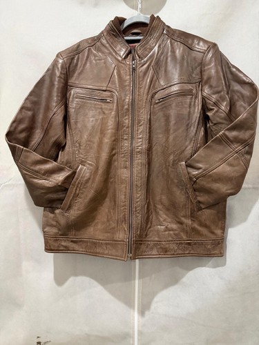 Men's Brown Leather Biker Jacket Zip Front Band Collar L - photo 2
