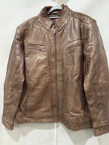 Men's Brown Leather Biker Jacket Zip Front Band Collar L - photo 3