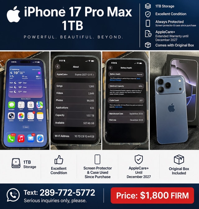 iPhone 17 Pro Max 1TB - Blue - Like New - $1800 Firm
