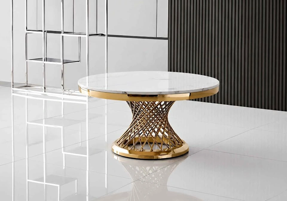 Round Cocktail Table with Marble Top and Gold Spiral Spoked Base