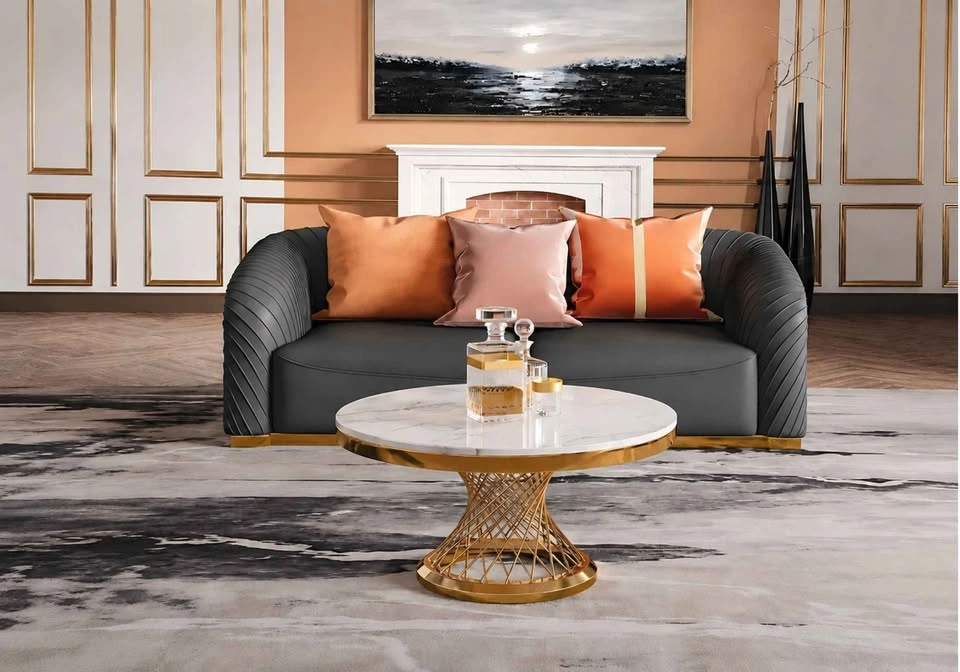 Round Cocktail Table with Marble Top and Gold Spiral Spoked Base - photo 2