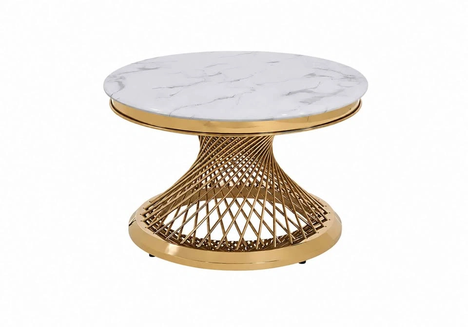 Round Cocktail Table with Marble Top and Gold Spiral Spoked Base - photo 3