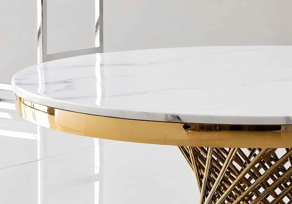 Round Cocktail Table with Marble Top and Gold Spiral Spoked Base - photo 4