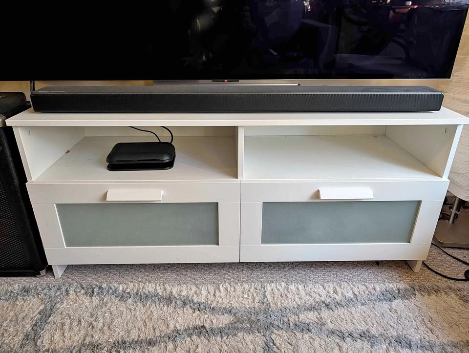 White entertainment stand with two drawers
