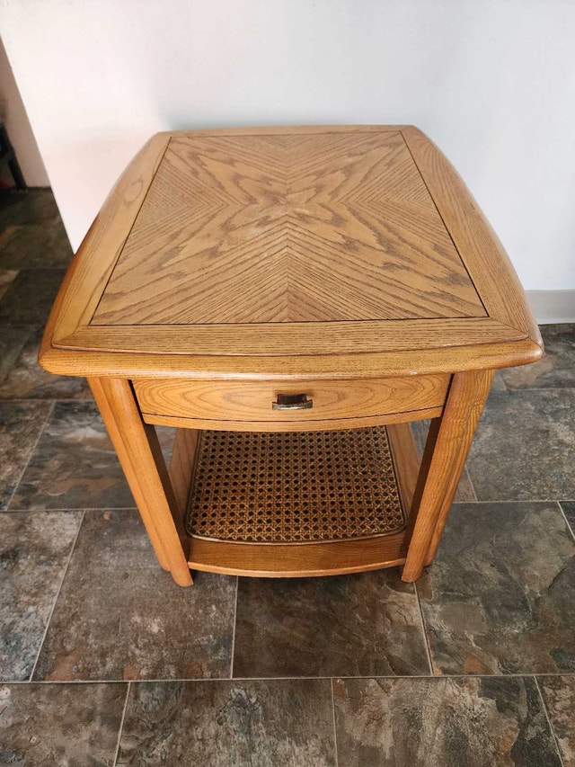 Oak Side Table with Drawer and Cane Shelf